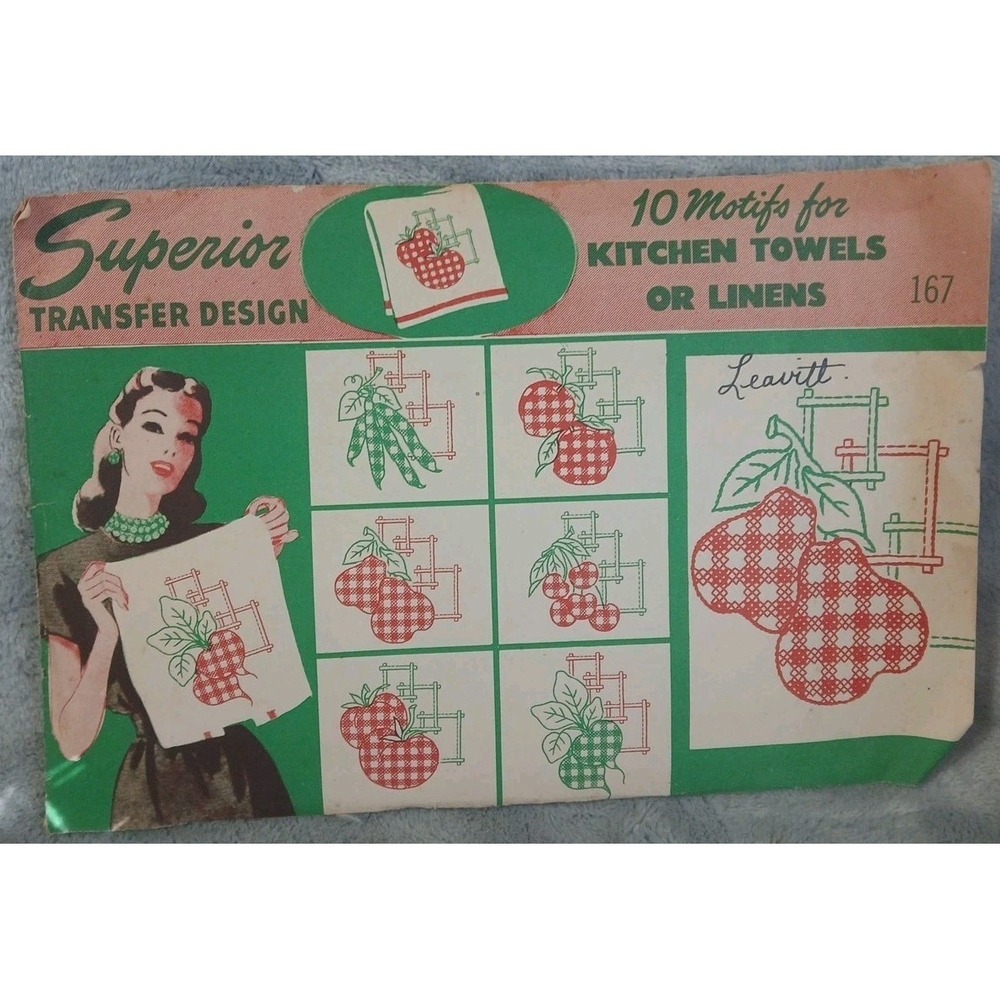 Vtg Superior Embroidery Transfer 167 Gingham Fruit Veggie Tea Towels Linens READ